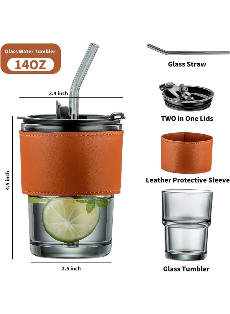 Gorgous Glass Tumbler With Silicone Straw and Lid 435ml, Cup With Leather Sleeve, Coffee Mug for Straw and Direct Drinking, Summer Travel Essential Bottle - Image 4