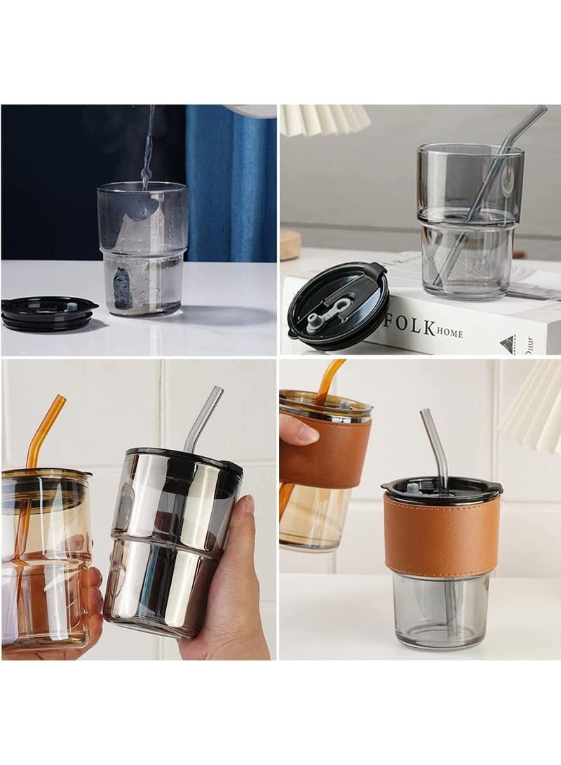 Gorgous Glass Tumbler With Silicone Straw and Lid 435ml, Cup With Leather Sleeve, Coffee Mug for Straw and Direct Drinking, Summer Travel Essential Bottle - Image 5