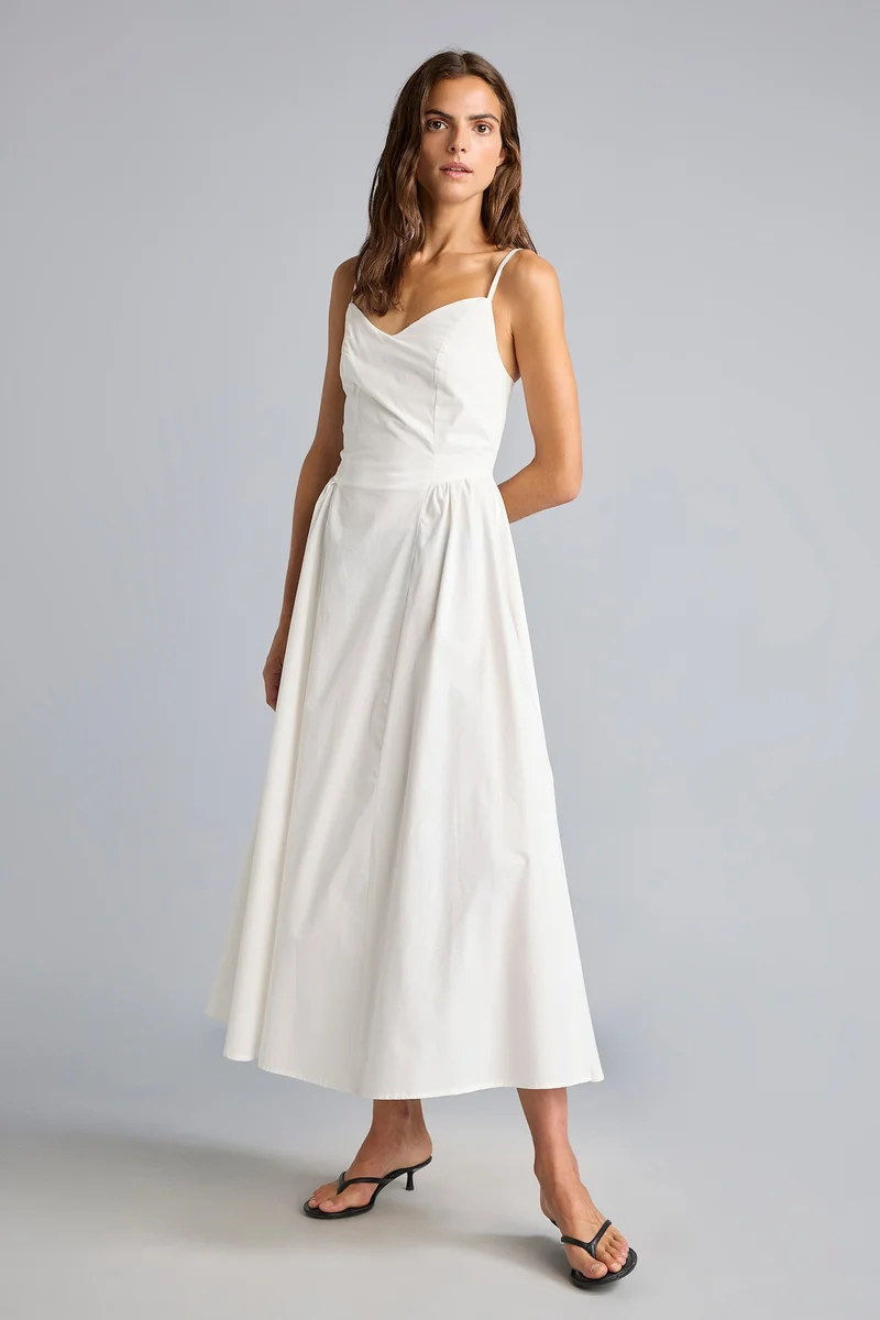 ديفاكتو 100% Cotton V-Neck Poplin Strappy Midi Dress