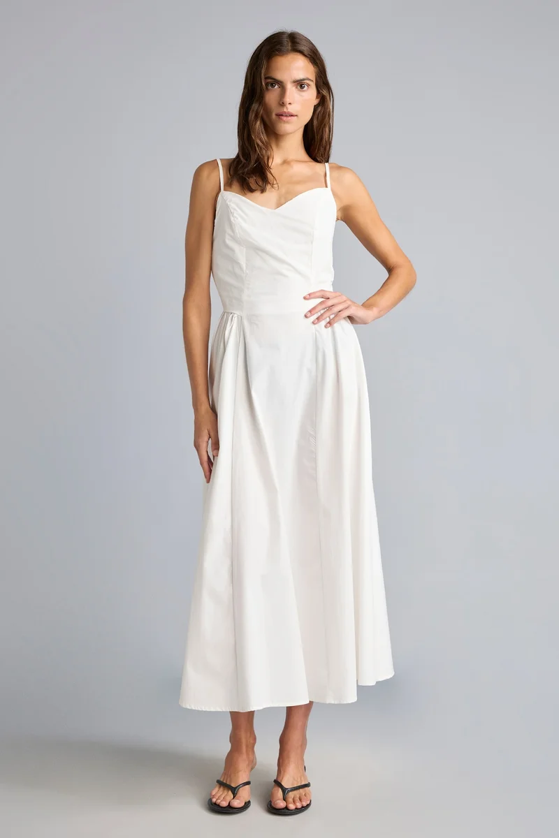 100% Cotton V-Neck Poplin Strappy Midi Dress