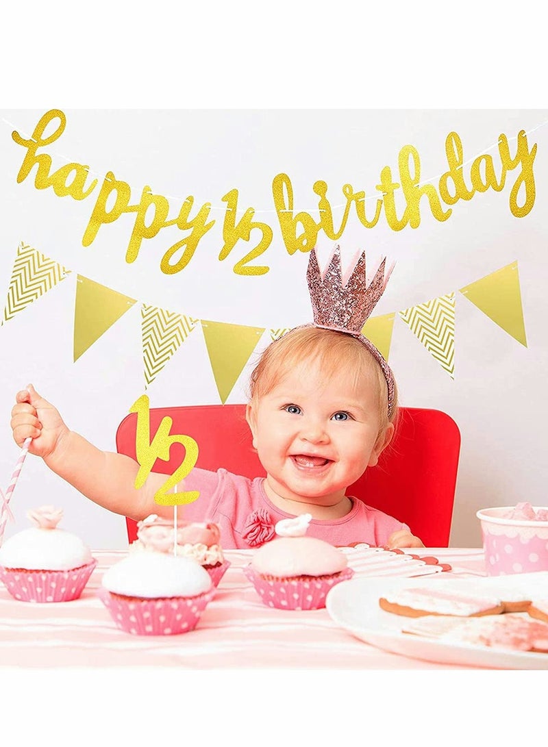 Excefore 6 Months Banner Happy Birthday Banner Happy Birthday Banner Glitter, Cake Topper Triangle Flag Banner for Half Year Baby Shower Birthday Party Decoration - Image 1