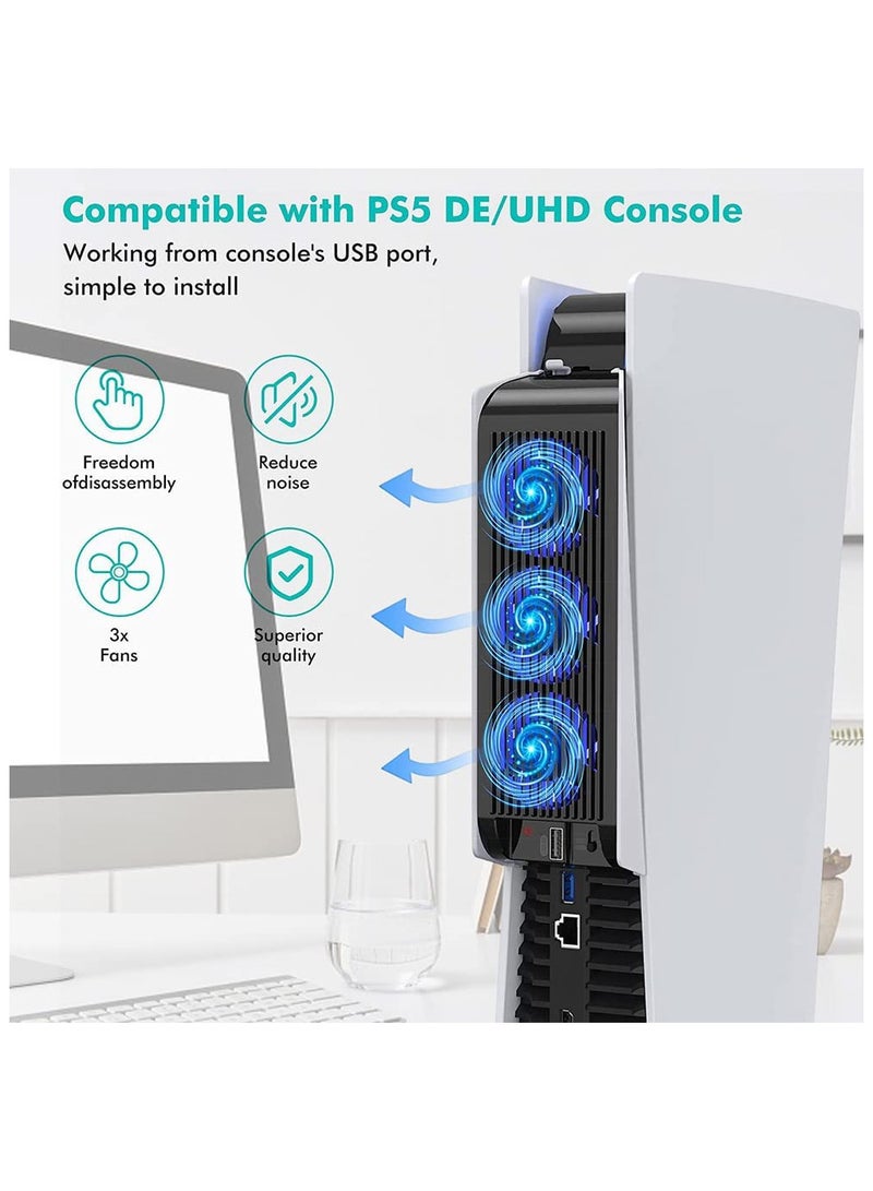 مروحة تبريد مروحة تبريد PS5، مروحة تبريد PS5 مع إضاءة LED، مروحة تبريد هادئة مطورة مع 3 مراوح ومنفذ USB لوحدة التحكم في بلاي ستيشن 5 PS5 الإصدار الرقمي/وحدة التحكم فائقة الوضوح (أبيض) - Image 2