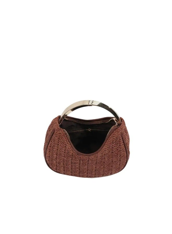 Woven Straw Handbag with Metal Chain, Retro Summer Crossbody Shoulder Bag for Women, Brown - Image 5