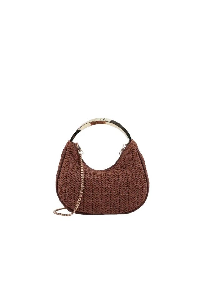 Woven Straw Handbag with Metal Chain, Retro Summer Crossbody Shoulder Bag for Women, Brown - Image 1