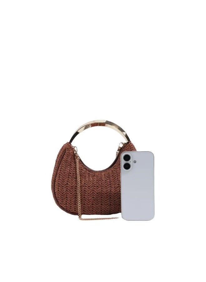 Woven Straw Handbag with Metal Chain, Retro Summer Crossbody Shoulder Bag for Women, Brown - Image 4