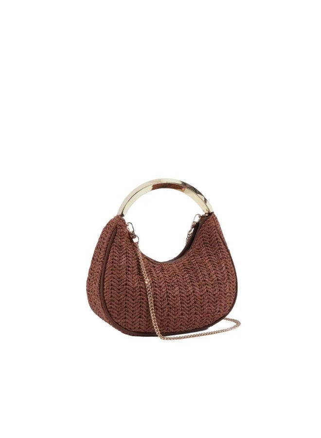 Woven Straw Handbag with Metal Chain, Retro Summer Crossbody Shoulder Bag for Women, Brown - Image 2