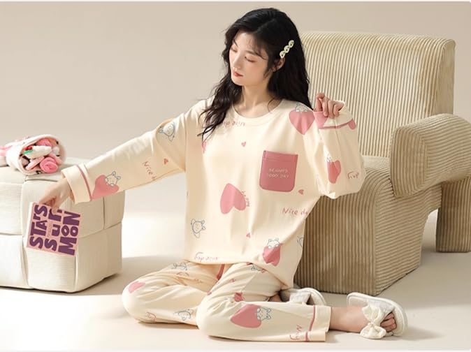 Celary Korean Style Women’s Night Suit|| Cute Printed Pajama Set with Long Sleeve Top & Pants|| Soft Cotton Loungewear - Image 4
