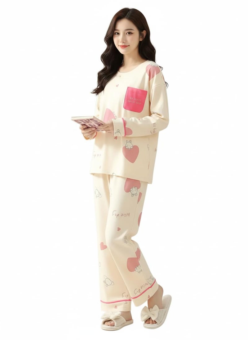 Celary Korean Style Women’s Night Suit|| Cute Printed Pajama Set with Long Sleeve Top & Pants|| Soft Cotton Loungewear - Image 1