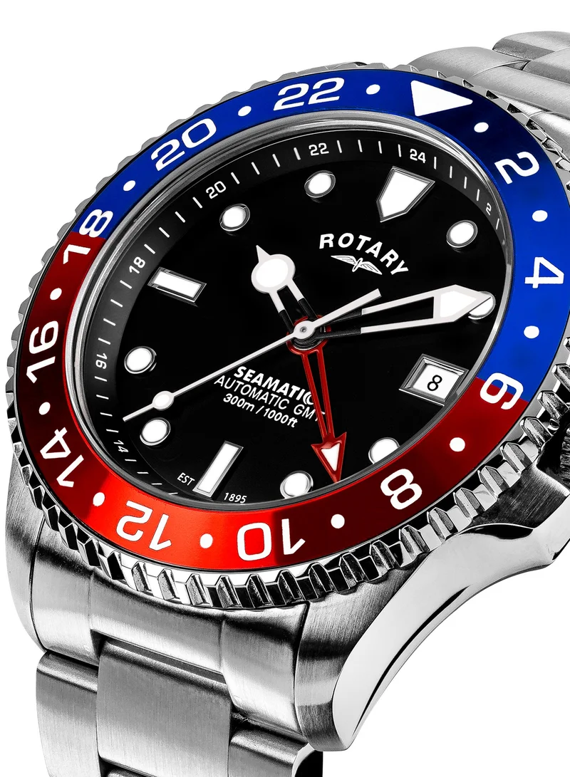 روتاري ساعة رجالية روتاري Seamatic GMT 300M مقاومة للماء من الفولاذ المقاوم للصدأ بحزام سيليكون أسود