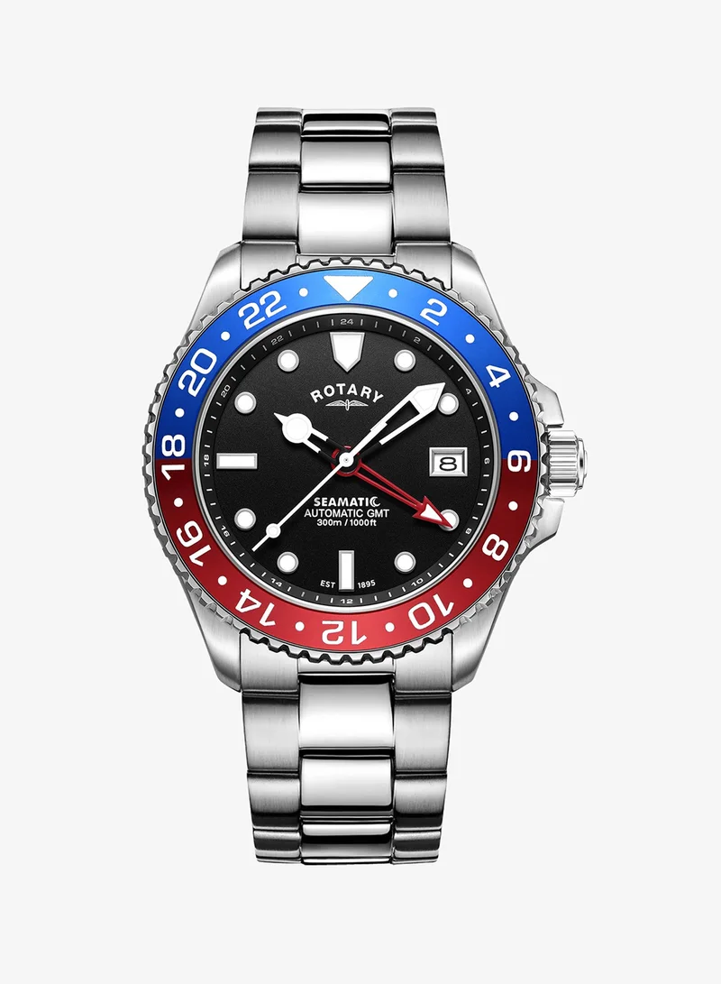 روتاري ساعة رجالية روتاري Seamatic GMT 300M مقاومة للماء من الفولاذ المقاوم للصدأ بحزام سيليكون أسود