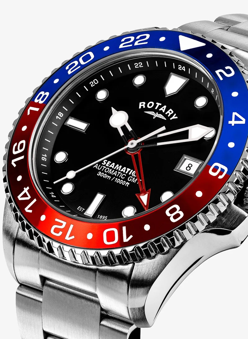 روتاري ساعة رجالية روتاري Seamatic GMT 300M مقاومة للماء من الفولاذ المقاوم للصدأ بحزام سيليكون أسود