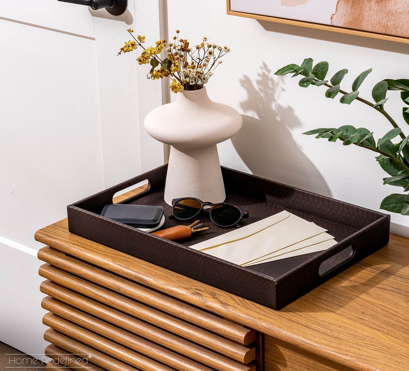 Home Redefined Modern 17.5"x12" Rectangle Brown Snake Faux Leather Decorative Tray Serving Tray with Handles Ottoman Coffee Table Dresser Living Room Kitchen Tray by Home Redefined for All Occasion's. - Image 2