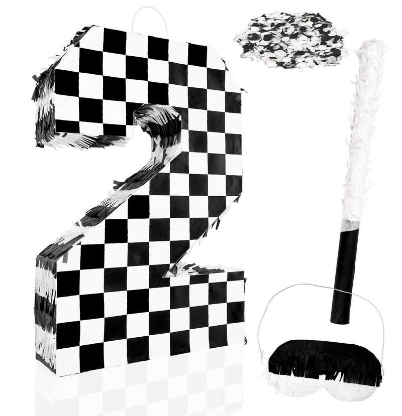 MUNILAIL Checkered Number 2 Pinata Black and White Checkered Pinata with Stick and Blindfold Confetti for 2nd Birthday Racing Car Party Game Supplies Race Car Pinata - Image 3