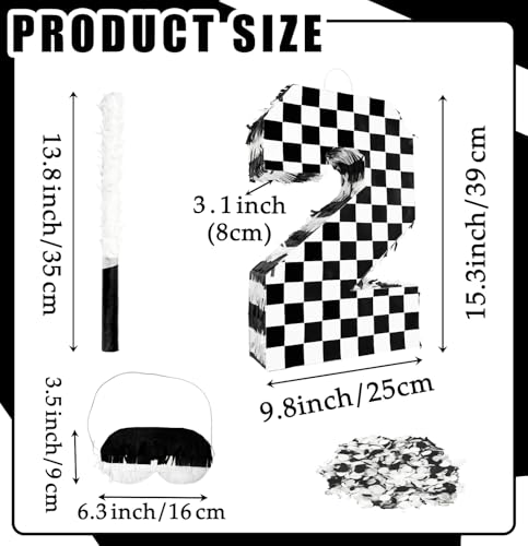 MUNILAIL Checkered Number 2 Pinata Black and White Checkered Pinata with Stick and Blindfold Confetti for 2nd Birthday Racing Car Party Game Supplies Race Car Pinata - Image 5
