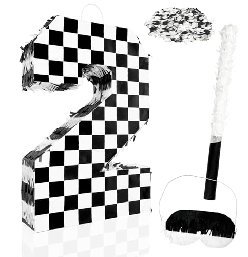 MUNILAIL Checkered Number 2 Pinata Black and White Checkered Pinata with Stick and Blindfold Confetti for 2nd Birthday Racing Car Party Game Supplies Race Car Pinata - Image 1