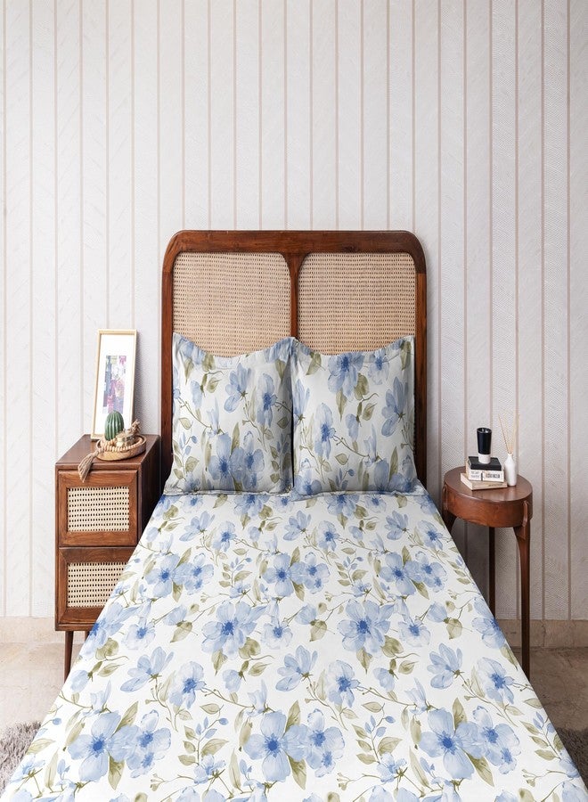 THE HAPPY POD Cotton King Bedsheet Set| 200 TC | All-Season King Bedsheet - 2.74m x 2.74m (108in x 108in)| 2 Pillow Covers - 46cm x 69cm - Soft, Cozy & Durable| Floral - Blue | 100% Combed Cotton - Image 2