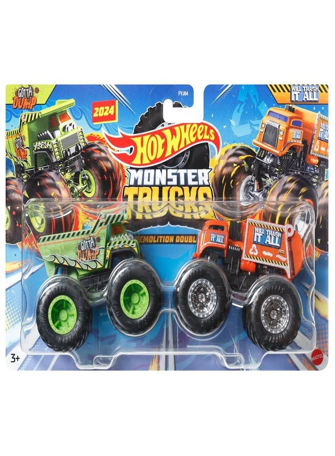 Hot Wheels Monster Trucks Demolition Doubles, Set of 2 Toy Monster Trucks in 1:64 Scale (Gotta Dump vs Will Trash it All) - Image 1
