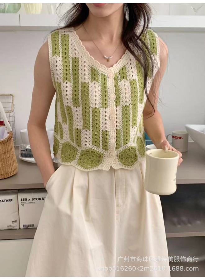 Vintage New Flower Hollow-out Knitted Women's Blouse But Vest Women's Spring Thin Loose Short Outer Wear Top Trendy