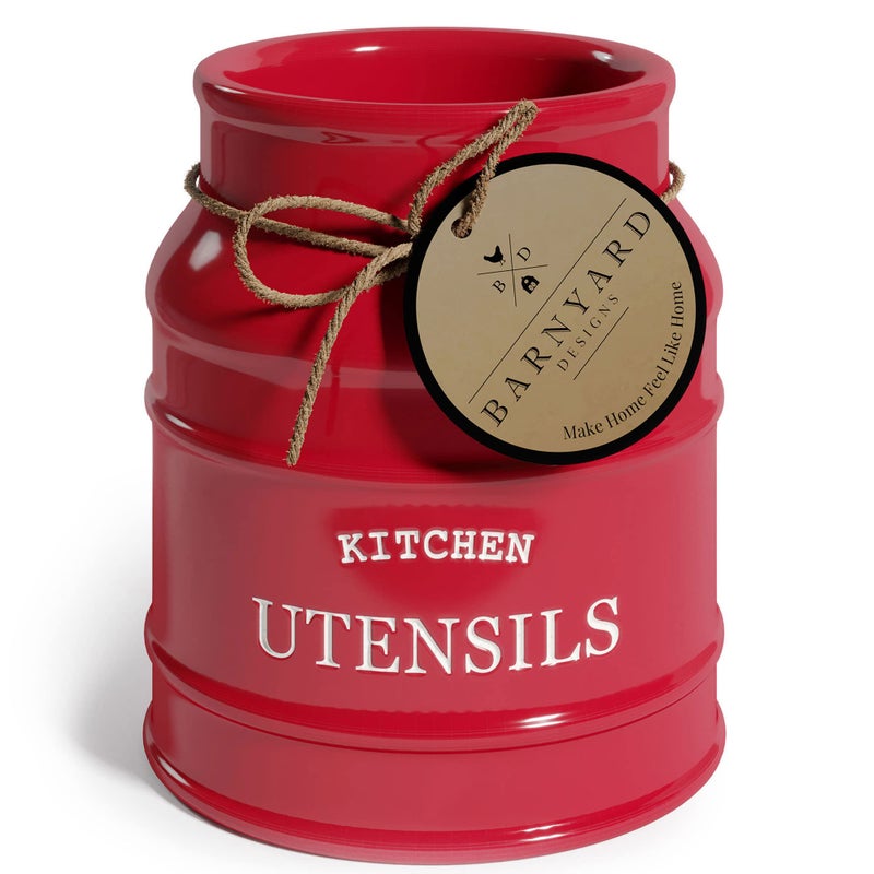 Barnyard Designs Ceramic Farmhouse Utensil Holder for Kitchen Counter, Large Rustic Utensil Crock, Countertop Cooking Tool Spatula Organizer, 6.75” (Red) - Image 1