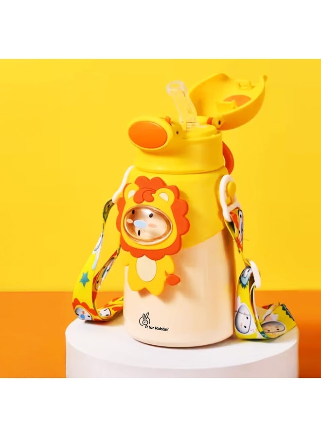 R for Rabbit Steebo Zoobie Premium Stainless Steel Water Sipper for Baby, Spill Proof BPA Free Soft Silicone Straw Drinking Sipper for Kids of 12+ Months (550ml, Yellow Lion) - Image 1