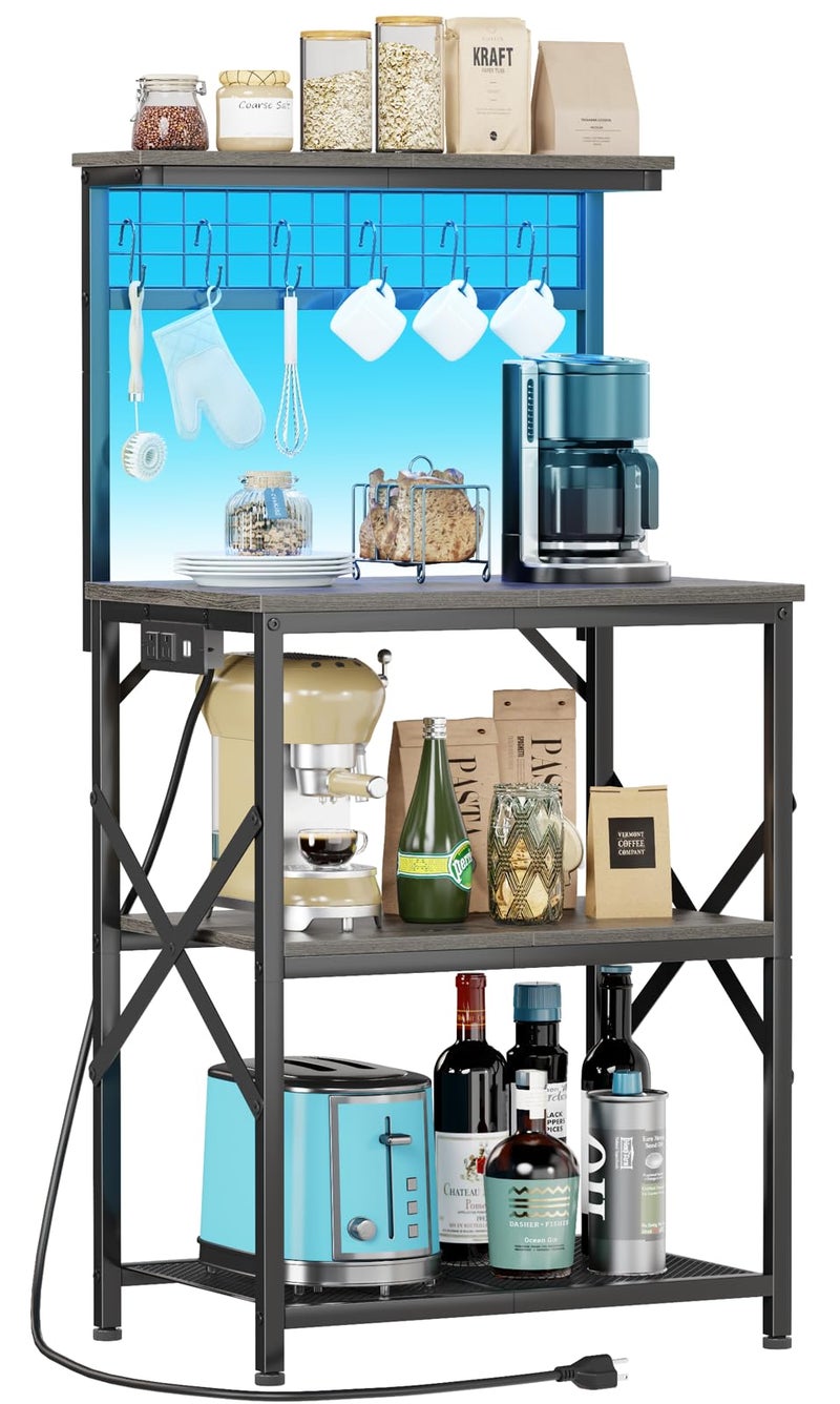 Furologee Furologee Bakers Rack with Power Outlet and LED Light Small Coffee Bar Station with 4 Tier Shelves Microwave Stand Table with 6 S Hooks Kitchen Storage Rack for Spices Pots Black Oak