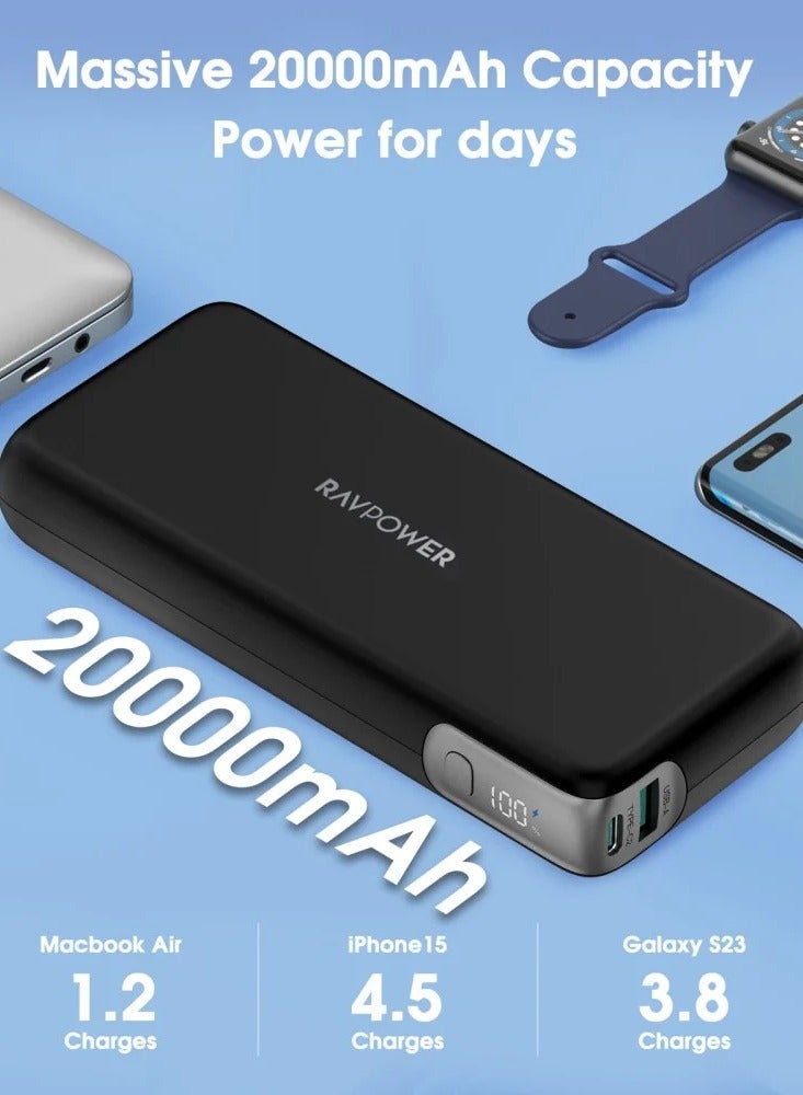 راف باور بطارية متنقلة راف باور بقوة 70 واط بسعة 20000 ملي منفذين تايب سي ومنفذ USB-A - اسود 20000 mAh - Image 3