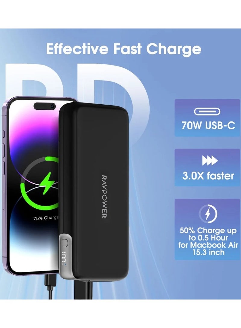 راف باور بطارية متنقلة راف باور بقوة 70 واط بسعة 20000 ملي منفذين تايب سي ومنفذ USB-A - اسود 20000 mAh - Image 2