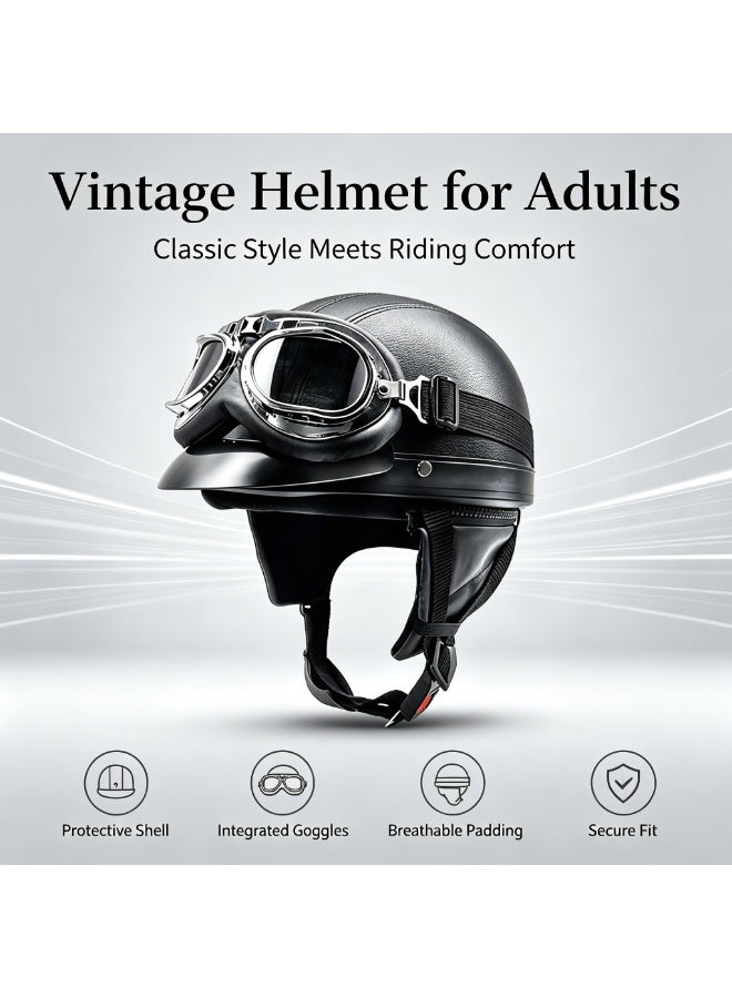 jaexest 3C Certified Motorcycle Half Helmet PU Leather Semi Inclusive Riding Helmet with Goggles Detachable Inner Lining Sun Protection Brim Lightweight Breathable Unisex Helmet for Motorcycle Electric Bike Bicycle - Image 1