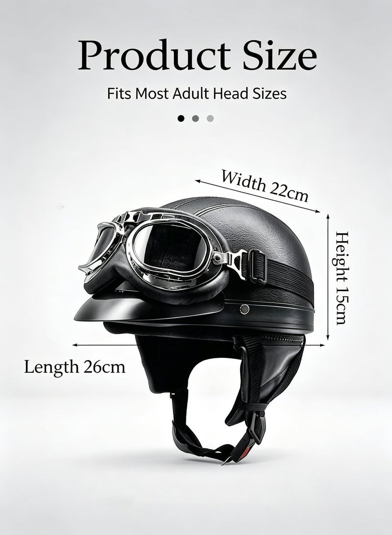 jaexest 3C Certified Motorcycle Half Helmet PU Leather Semi Inclusive Riding Helmet with Goggles Detachable Inner Lining Sun Protection Brim Lightweight Breathable Unisex Helmet for Motorcycle Electric Bike Bicycle - Image 2