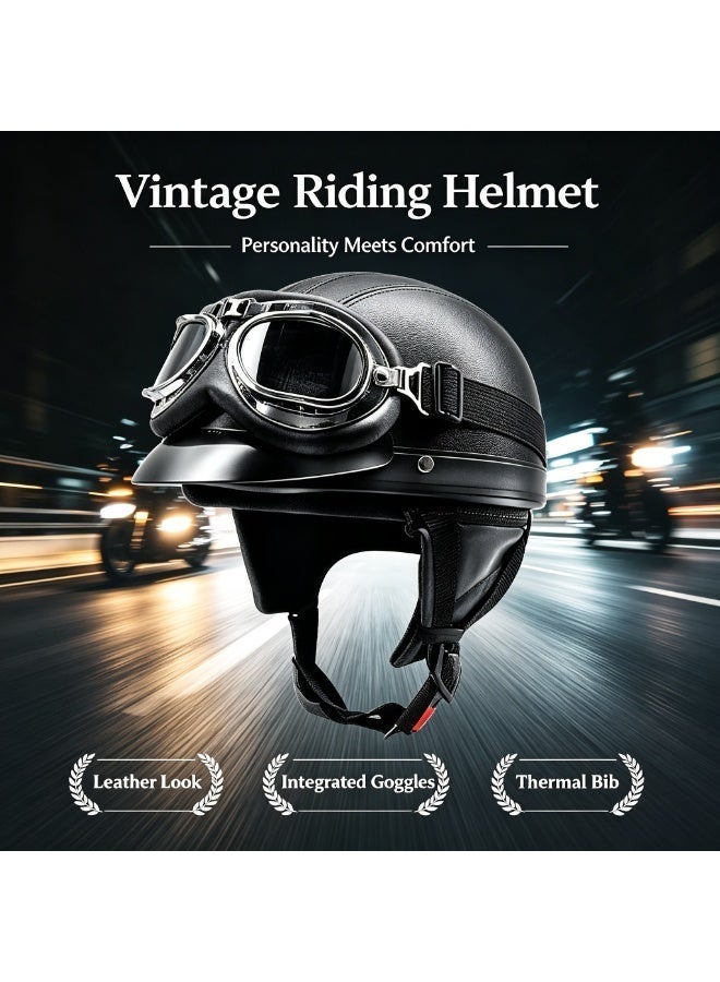 jaexest 3C Certified Motorcycle Half Helmet PU Leather Semi Inclusive Riding Helmet with Goggles Detachable Inner Lining Sun Protection Brim Lightweight Breathable Unisex Helmet for Motorcycle Electric Bike Bicycle - Image 3