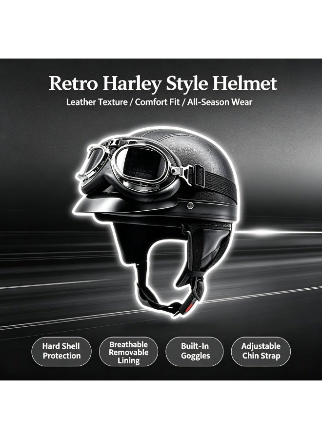 jaexest 3C Certified Motorcycle Half Helmet PU Leather Semi Inclusive Riding Helmet with Goggles Detachable Inner Lining Sun Protection Brim Lightweight Breathable Unisex Helmet for Motorcycle Electric Bike Bicycle - Image 4