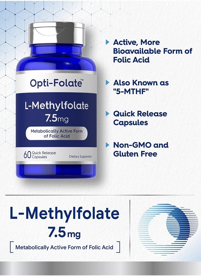L Methylfolate 7.5 mg | 60 Capsules | Optimized and Activated | Non-GMO, Gluten Free | Methyl Folate, 5-MTHF | by Opti-Folate