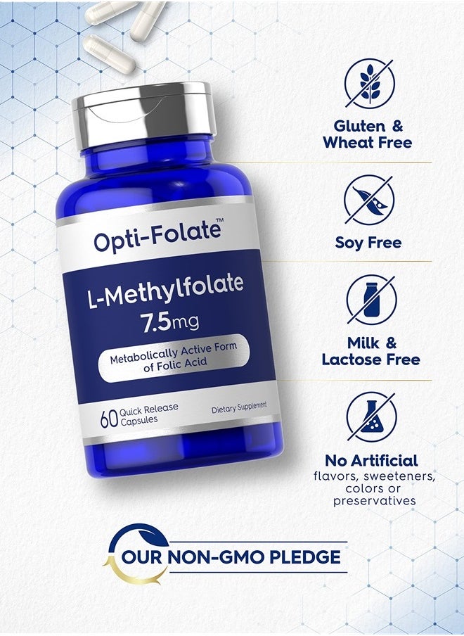 L Methylfolate 7.5 mg | 60 Capsules | Optimized and Activated | Non-GMO, Gluten Free | Methyl Folate, 5-MTHF | by Opti-Folate
