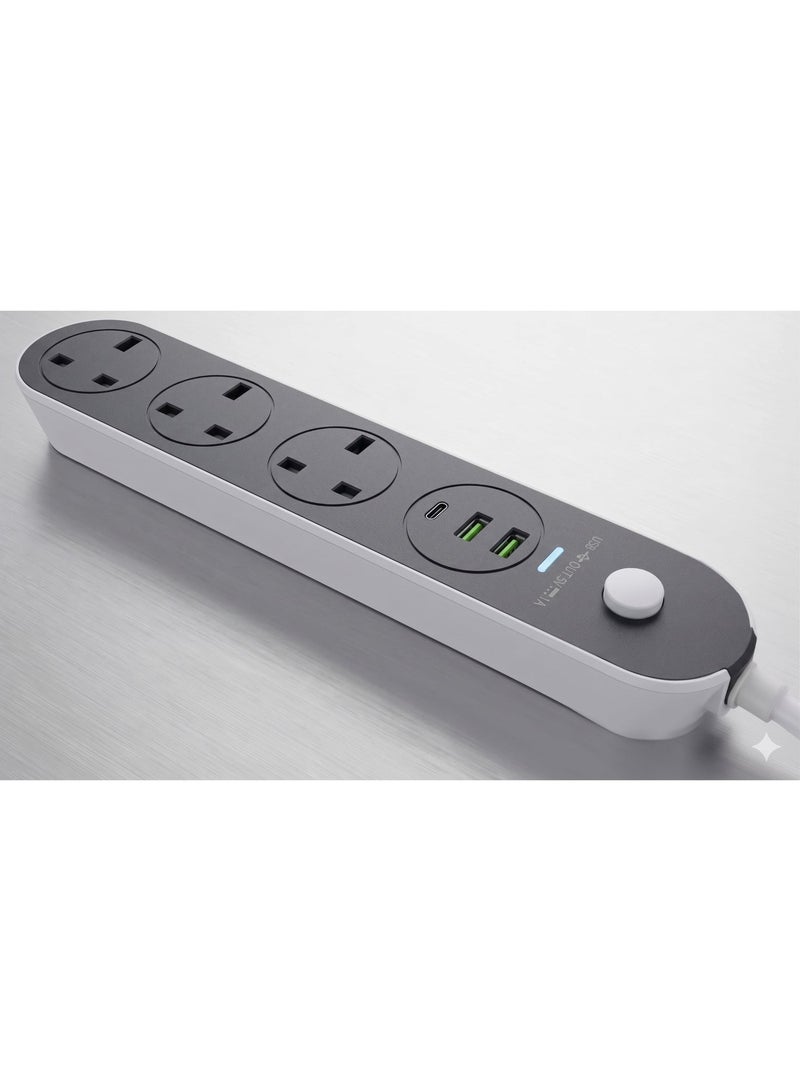 وصلة تمديد كهربائية بريطانية بـ 5م 3 منافذ مع 2 منافذ USB (1 منفذ USB-C، 2 منفذ USB-A) - مشترك طاقة 5 فولت/3.1 أمبير مزود بمفتاح تشغيل - Image 1
