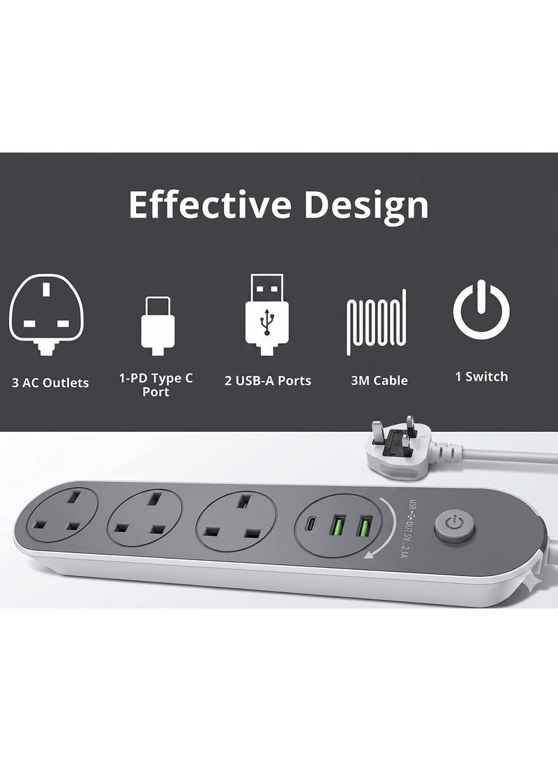 وصلة تمديد كهربائية بريطانية بـ 5م 3 منافذ مع 2 منافذ USB (1 منفذ USB-C، 2 منفذ USB-A) - مشترك طاقة 5 فولت/3.1 أمبير مزود بمفتاح تشغيل - Image 3