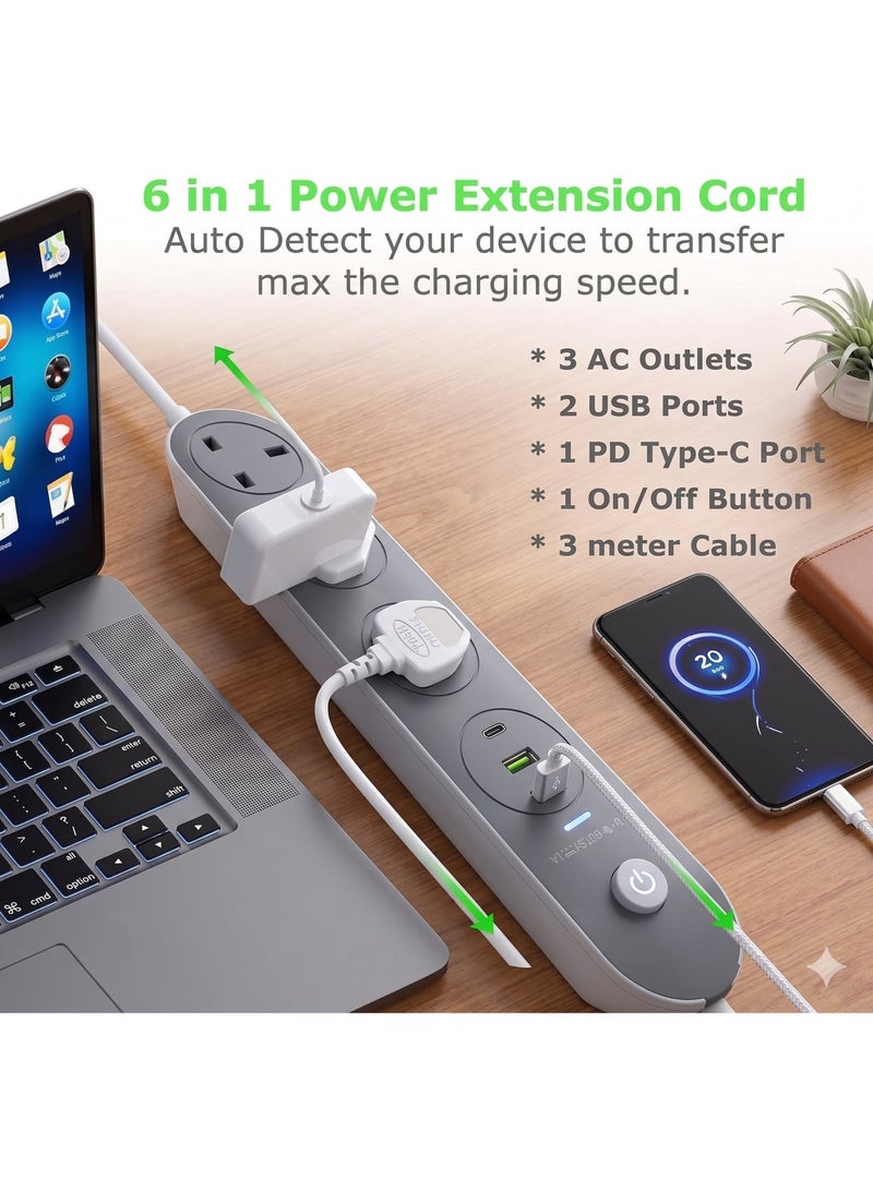 وصلة تمديد كهربائية بريطانية بـ 5م 3 منافذ مع 2 منافذ USB (1 منفذ USB-C، 2 منفذ USB-A) - مشترك طاقة 5 فولت/3.1 أمبير مزود بمفتاح تشغيل - Image 2