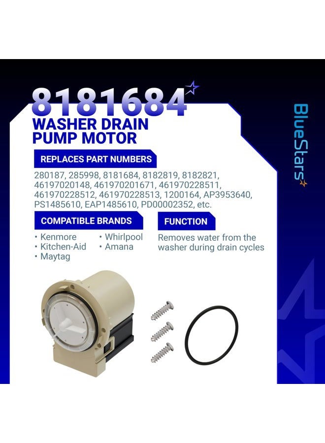 BlueStars Ultra Durable 8181684 280187 Washer Drain Pump Kit Replacement - Exact Fit for Whirlpool Kenmore Kitchen Aid washers - Replaces 8182819 8182821 AP3953640 - Image 2