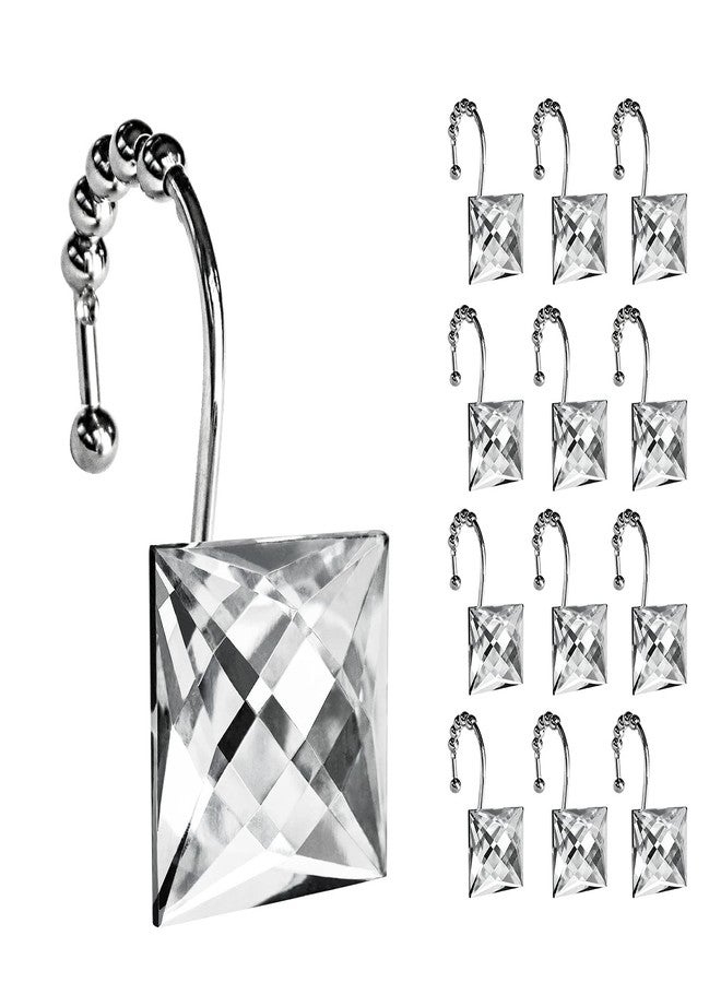Sunlit Luxury Design Square Clear Diamond Crystal Gem Bling with Glide Balls Shower Curtain Hooks, Rust Proof Metal Rhinestones Glam Shower Curtain Rings-12 Pack - Image 1