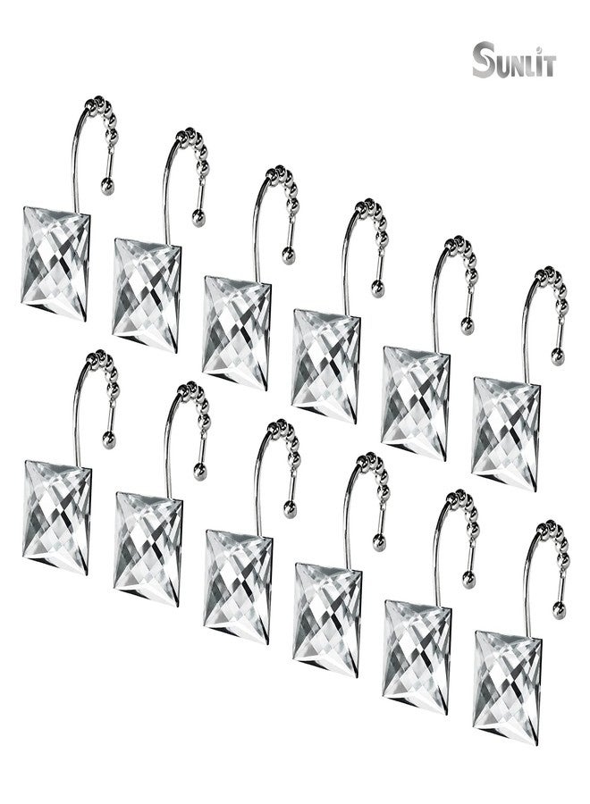 Sunlit Luxury Design Square Clear Diamond Crystal Gem Bling with Glide Balls Shower Curtain Hooks, Rust Proof Metal Rhinestones Glam Shower Curtain Rings-12 Pack - Image 3