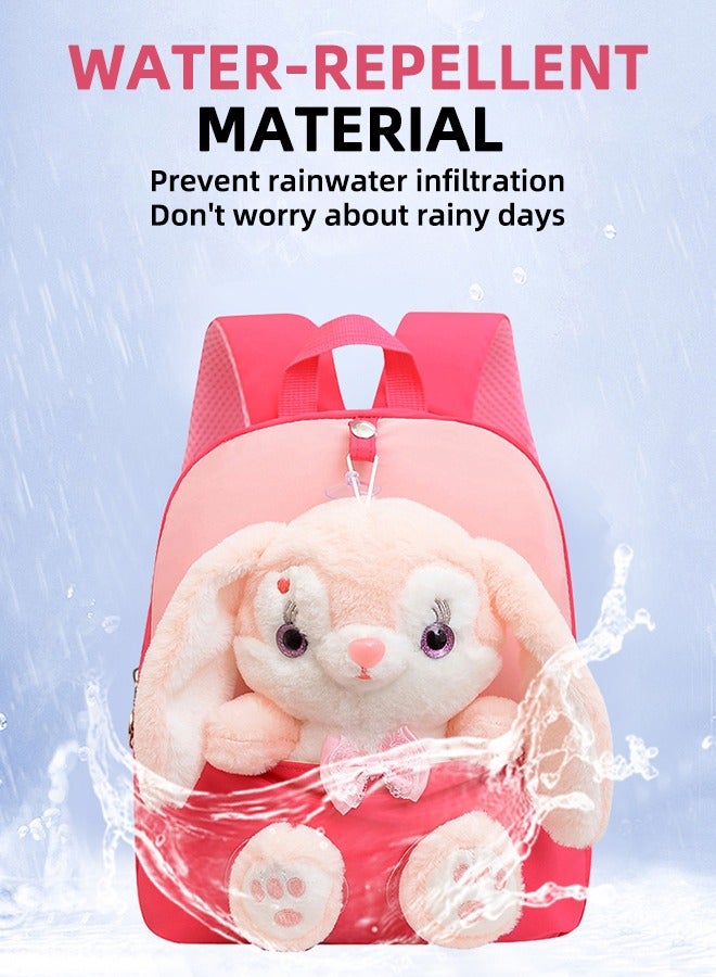 حقيبة ظهر للبنات من الكرتون، حقيبة ظهر على شكل دمية أرنب مخملية، حقائب أطفال، حقيبة ظهر مخملية ناعمة مع حيوانات مخملية قابلة للإزالة - حقيبة ظهر خفيفة الوزن ومقاومة للماء للبنات من الكرتون (أحمر + وردي) - Image 2