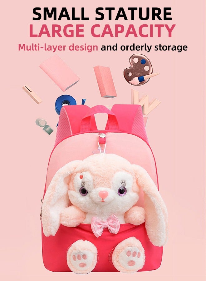 حقيبة ظهر للبنات من الكرتون، حقيبة ظهر على شكل دمية أرنب مخملية، حقائب أطفال، حقيبة ظهر مخملية ناعمة مع حيوانات مخملية قابلة للإزالة - حقيبة ظهر خفيفة الوزن ومقاومة للماء للبنات من الكرتون (أحمر + وردي) - Image 4