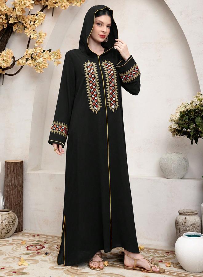 تايك تو جلابية مطرزة بغطاء للرأس - أسود - Image 5