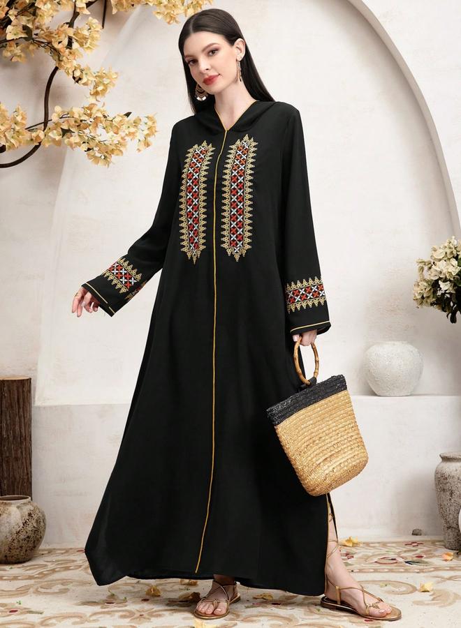 تايك تو جلابية مطرزة بغطاء للرأس - أسود - Image 4