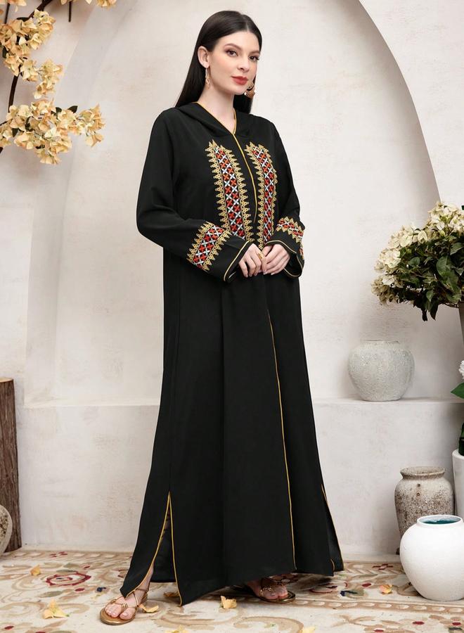 تايك تو جلابية مطرزة بغطاء للرأس - أسود - Image 1