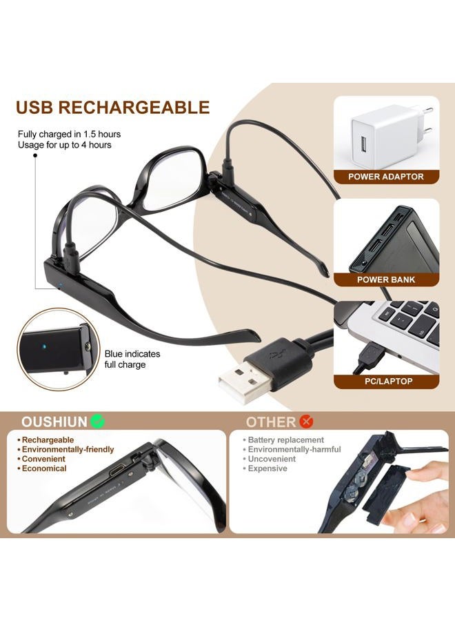 OuShiun USB Rechargeable Led Reading Glasses Smart Lighted Eyewear for Women Men (Black, 2.5X) - Image 4
