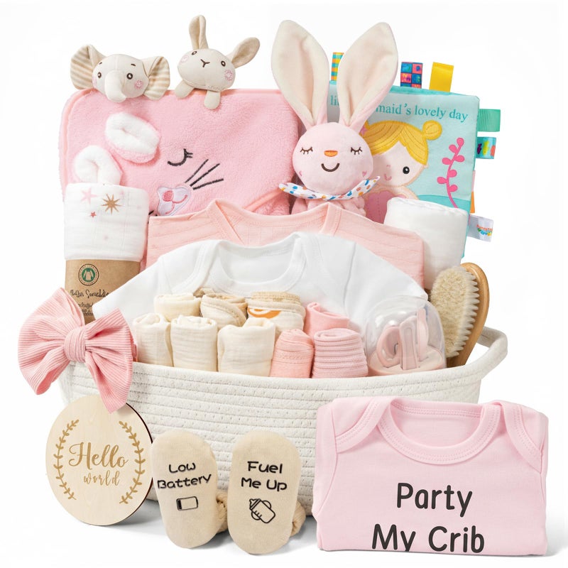 Giftissimo 28-Piece Baby Shower Gifts for Girls, Baby Essentials for Newborn, Large Baby Girl Gift Basket, Gender Reveal Gifts, Baby Registry Search, Diaper Caddy Organizer (Pink) - Image 1