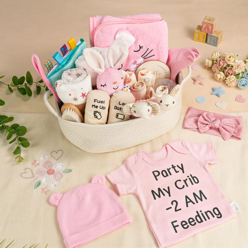 Giftissimo 28-Piece Baby Shower Gifts for Girls, Baby Essentials for Newborn, Large Baby Girl Gift Basket, Gender Reveal Gifts, Baby Registry Search, Diaper Caddy Organizer (Pink) - Image 2