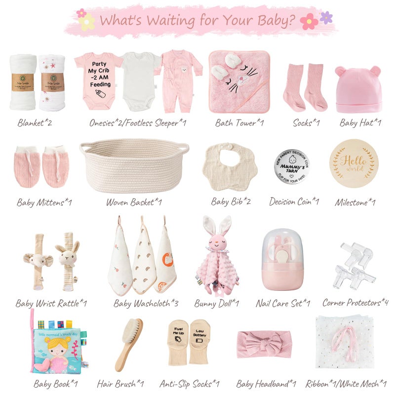 Giftissimo 28-Piece Baby Shower Gifts for Girls, Baby Essentials for Newborn, Large Baby Girl Gift Basket, Gender Reveal Gifts, Baby Registry Search, Diaper Caddy Organizer (Pink) - Image 3