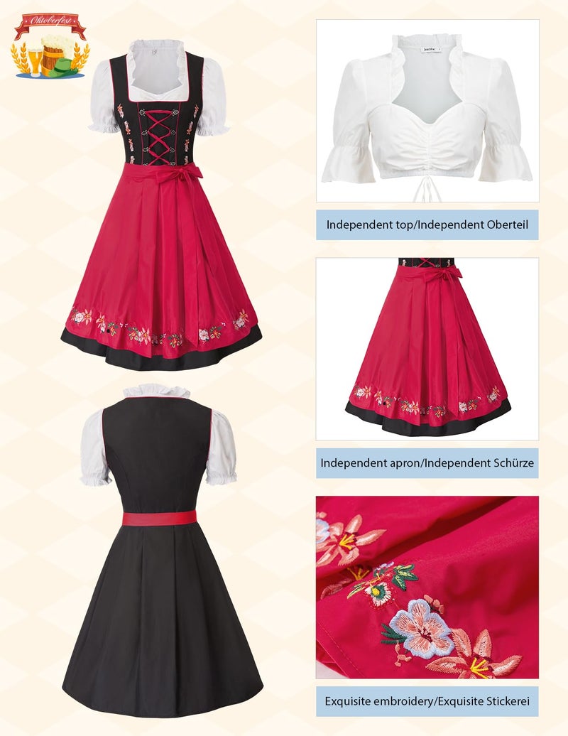 JASAMBAC German Authentic Drindl Costumes Oktoberfest Top Dirndl Dress Halloween Size L Color Red - Image 2