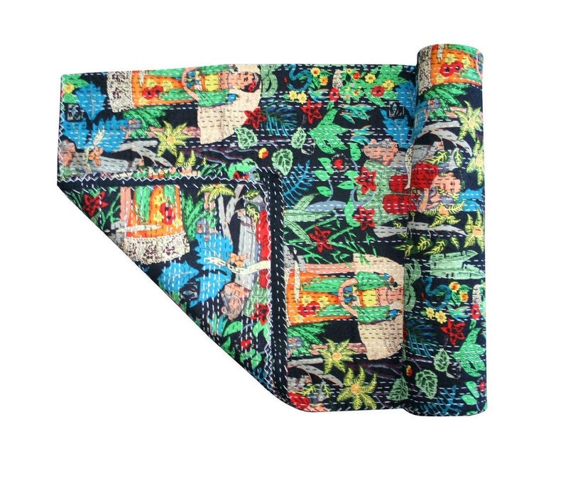 TI AMO Cotton Quilt Handmade Bed Cover Kantha Blanket Black Queen Size - Image 3